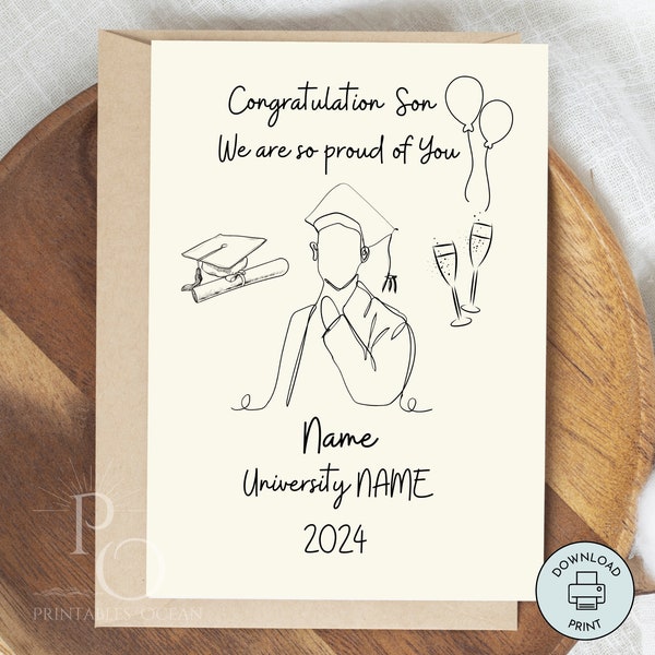 Personalized Graduation Card for Son Him Printable Custom Name Congratulations Grad Instant Download Last Minute 5"x7" Card Print at Home