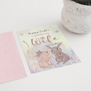 Happy Easter Card for Wife Printable Handmade in Watercolor, Easter Bunny Rabbit Folded Card, 5x7 inches Card, Easter E-card Postcard image 4