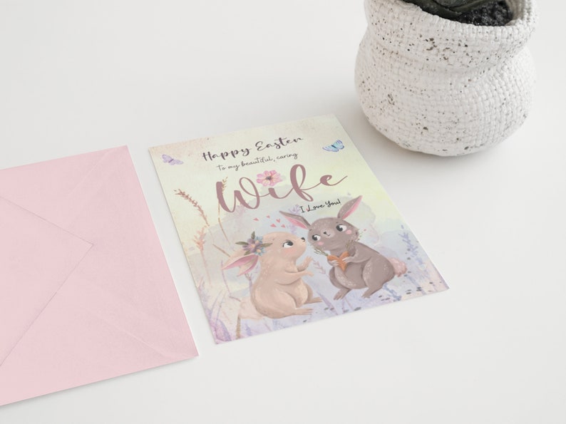 Happy Easter Card for Wife Printable Handmade in Watercolor, Easter Bunny Rabbit Folded Card, 5x7 inches Card, Easter E-card Postcard image 4