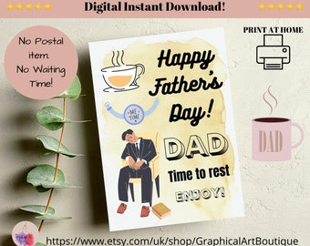 Happy Father's Day Dad Card Printable From Son, Daughter, Kids, Funny DIY Fathers Day Me Time Time to Rest Card from Son and Daughter