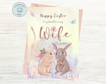 Biglietto di buona Pasqua per moglie stampabile fatto a mano in acquerello, biglietto piegato con coniglietto pasquale, biglietto da 5x7 pollici, cartolina elettronica di Pasqua