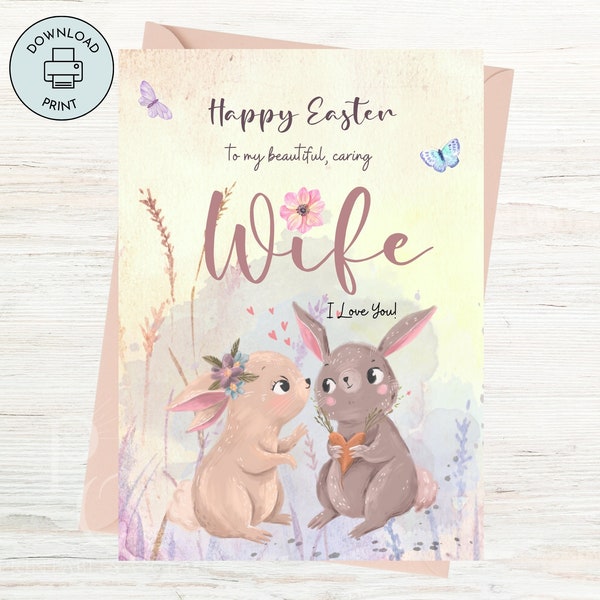 Happy Easter Card for Wife Printable Handmade in Watercolor, Easter Bunny Rabbit Folded Card, 5x7 inches Card, Easter E-card Postcard