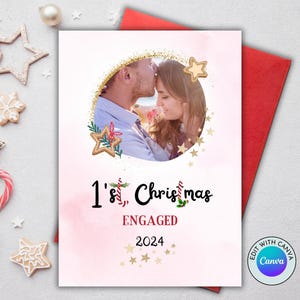 Personalisierte erste Weihnachten verlobt Karte druckbar bearbeiten Foto 1'st Weihnachten verlobt romantische Karte Sofortiger Download Last Minute 5x7 Zoll