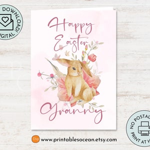 Carte de Pâques pour grand-mère grand-mère imprimable à la main, carte de Pâques pour grand-parent, carte de lapin de Pâques Floral aquarelle, carte pliée 5 x 7 pouces
