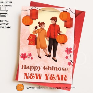 Chinesische Neujahrskarte zum Ausdrucken, Mondneujahrskarte, handgemachte chinesische Neujahrskarte, Neujahrskarte als PDF enthalten.