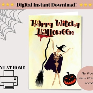 Felice strega strega scheletro di Halloween con carta malvagia manico di scopa download digitale stampabile.