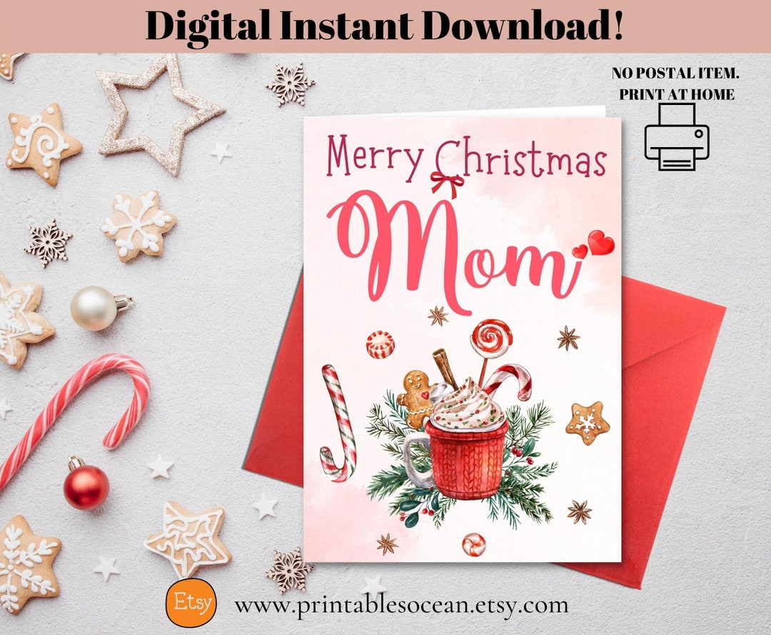 Merry Christmas Mom Card Printable, Handmade Christmas Card for Mom to