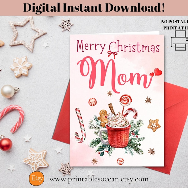 Merry Christmas Mom Card Printable, Handmade Christmas Card for Mom to Print at Home, Holiday Season 5x7 inches Card, Xmas Card for Mom