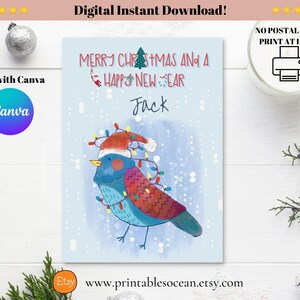 Biglietto di buon Natale e felice anno nuovo stampabile, biglietto di Natale con nome personalizzato, biglietto di Capodanno con nome personalizzato, biglietto di Natale con Robin