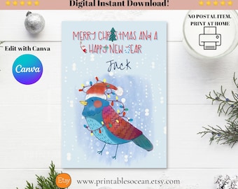 Merry Christmas and Happy New Year Card Printable, Personalized Name Christmas Card, Custom Name New Year Card, Christmas Robin Card