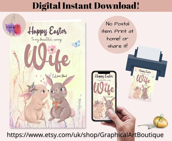 Happy Easter Card for Wife Printable Digital Easter Rabbit | Etsy