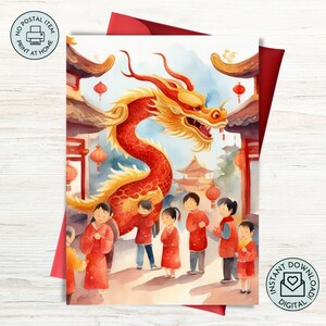 Carte du Nouvel An lunaire chinois Dragon 2024 Aquarelle imprimable Téléchargement instantané avec Ecard