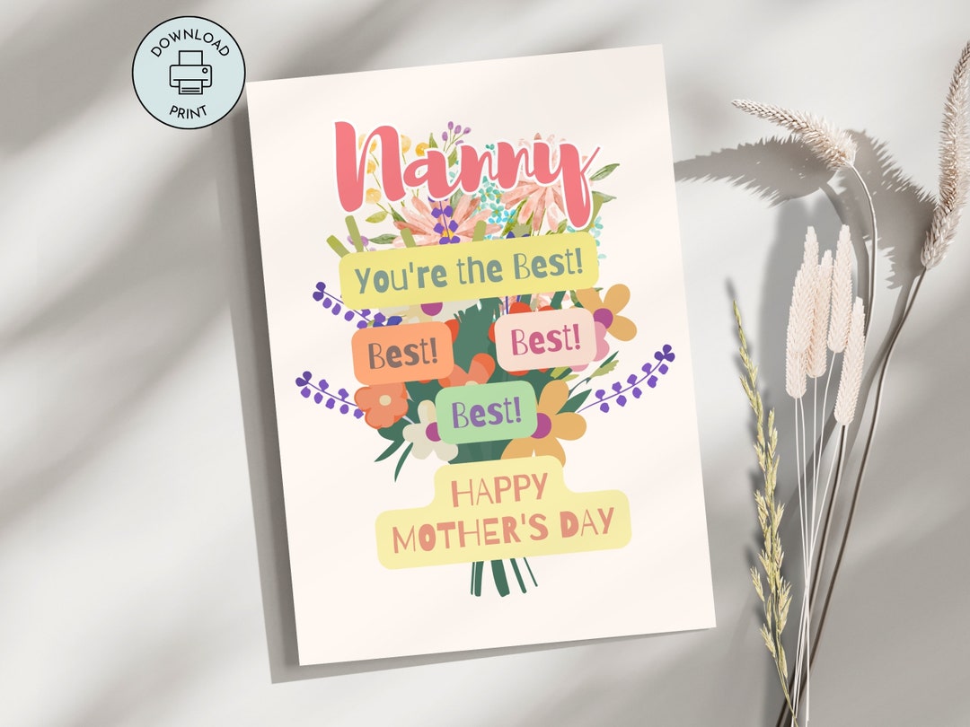 Printable Nanny Mother's Day Floral Card 5x7 Inches Last Minute Gift ...
