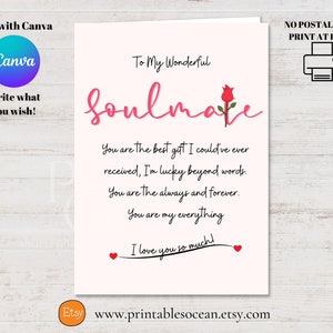 Personalized Valentine's Day Card For Soulmate Handmade Printable. Customize As Romantic Anniversary Card, Engagement Card, Love Card