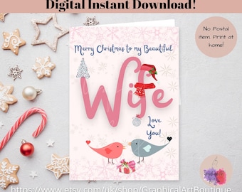 Printable Christmas Card for Wife, Merry Christmas Wife Card, Xmas Card Wife, Season Greeting card for Wife, Instant Digital Download Card.