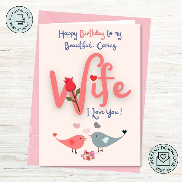 Wife Happy Birthday Card Printable Digital Handmade Cute Romantic I love You Card