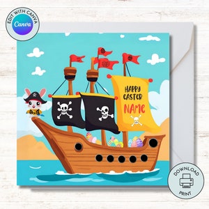 Carte de Pâques personnalisée pour petit-fils fils garçons enfants Lapin pirate bateau oeufs de Pâques carte de visite personnalisée imprimable à imprimer à la maison carte de dernière minute