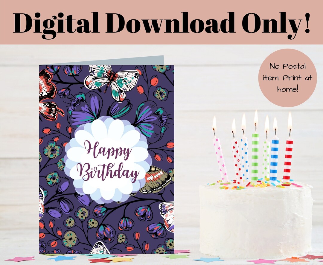 Printable Birthday Card With Butterfly and Flowers Design. Birthday ...