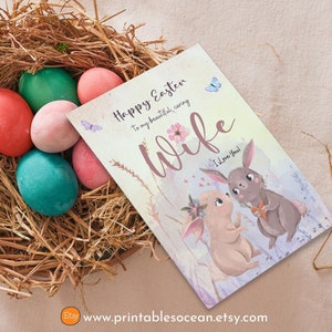 Happy Easter Card for Wife Printable Handmade in Watercolor, Easter Bunny Rabbit Folded Card, 5x7 inches Card, Easter E-card Postcard image 3