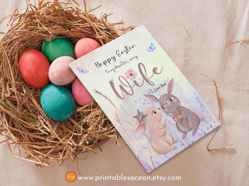 Happy Easter Card for Wife Printable Handmade in Watercolor, Easter Bunny Rabbit Folded Card, 5x7 inches Card, Easter E-card Postcard image 3