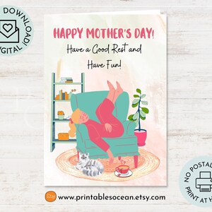 Cartão de feliz dia das mães engraçado para impressão, cartão humorístico do dia das mães, cartões de humor para mãe cansada se diverte, cartão de vida da mãe, cartão da mãe