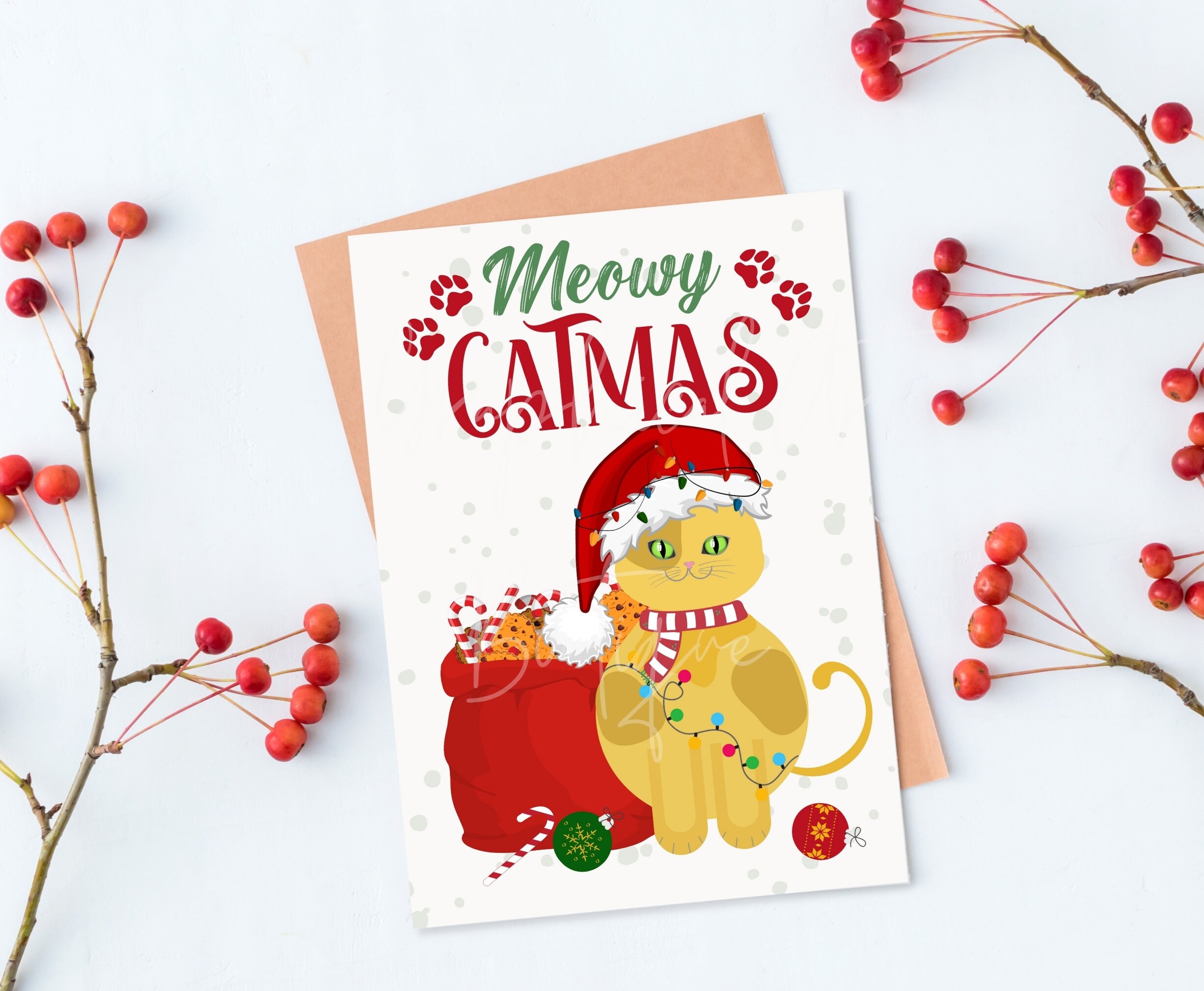 Cat Christmas Card Printable, Meowy Catmas Christmas Card, Funny Santa ...