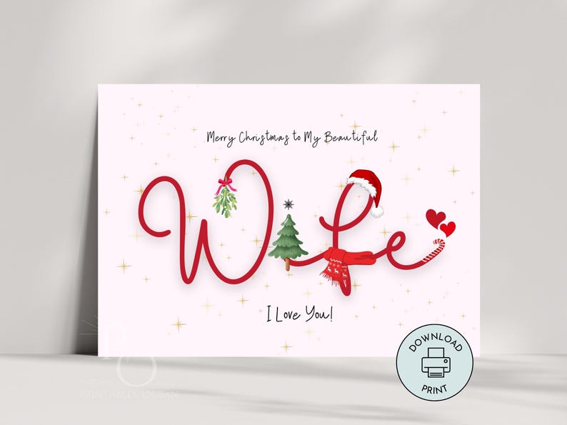 Printable Christmas Card for Wife, Merry Christmas Wife Card, Xmas Card ...