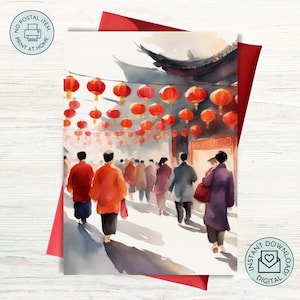Carte postale du Nouvel An lunaire chinois 2024, aquarelle imprimable, téléchargement immédiat