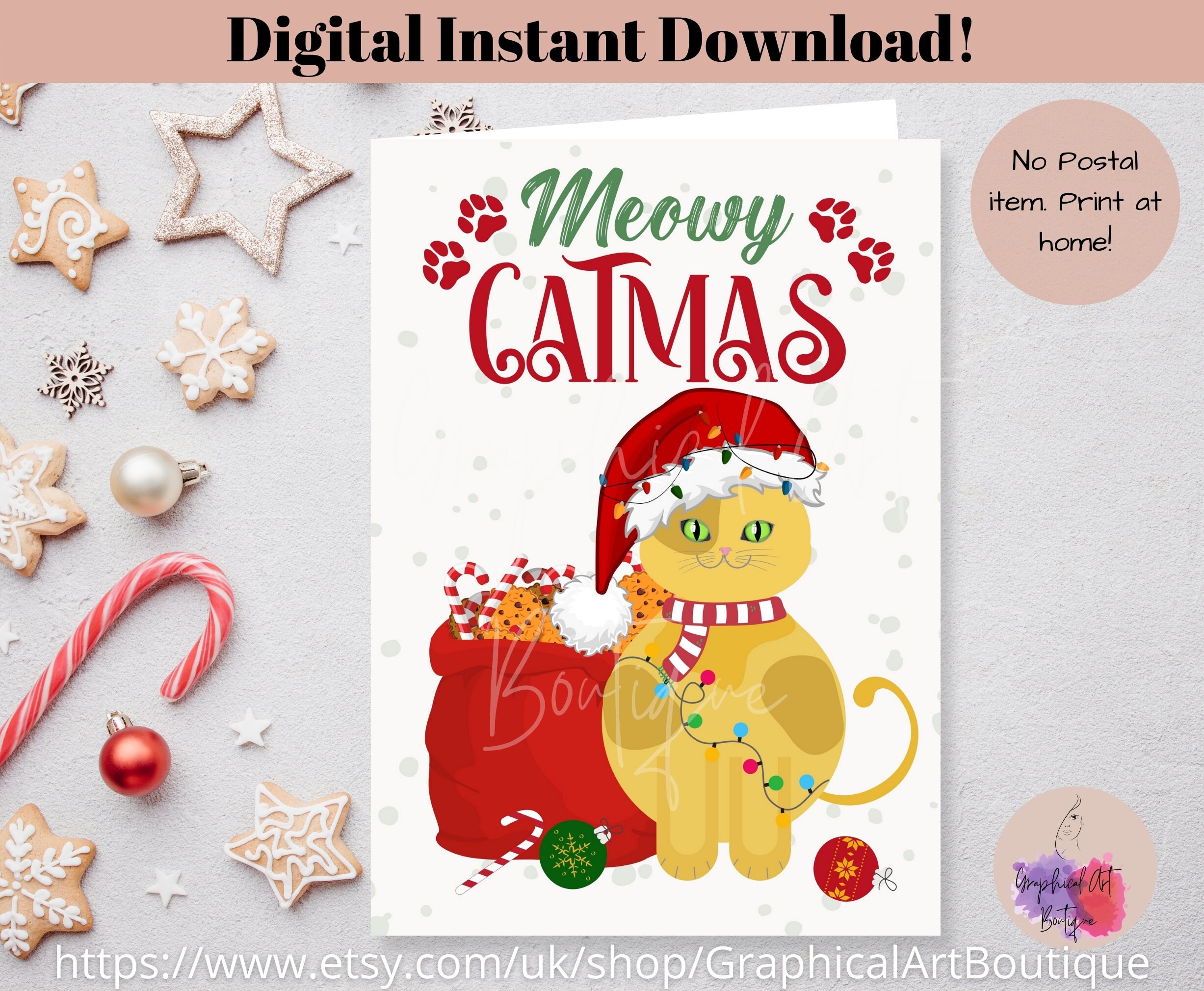 Cat Christmas Card Printable, Meowy Catmas Christmas Card, Funny Santa ...