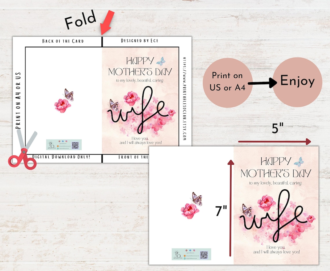 Mother's Day Card for Wife Printable, Happy Mothers Day Floral Card for ...