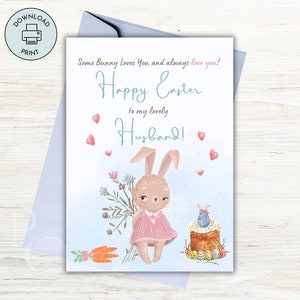 Carte de joyeuses Pâques pour mari, partage numérique imprimable, envoi facile, carte d'oeufs de lapin de Pâques, téléchargement immédiat de dernière minute