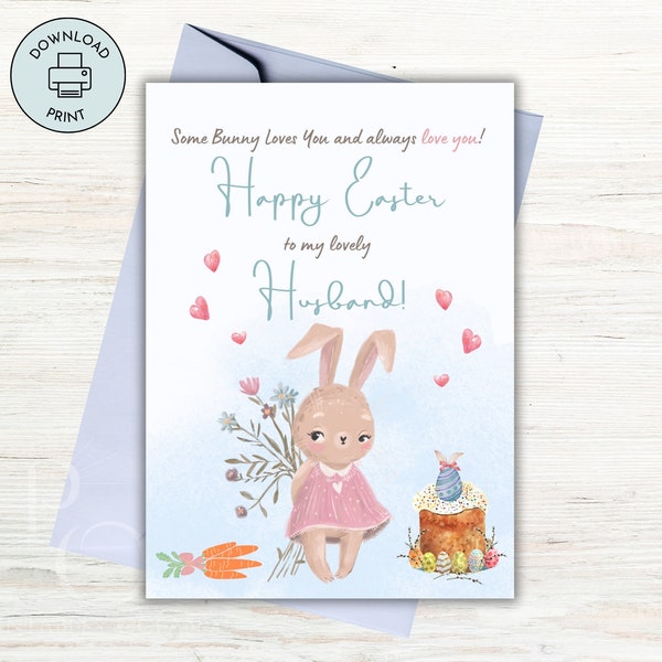 Happy Easter Card for Husband Printable Digital Share Send Easily, Easter Bunny Egg Card, Last Minute Instant Download