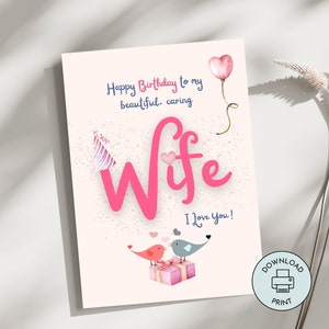 Cartão de aniversário da esposa para impressão, download instantâneo, feito à mão, de última hora, fofo, romântico, eu te amo, cartão de 5 x 7 polegadas