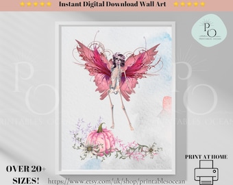 Skeleton Wall Art Print for Indoor Decorations, Fantasy Halloween Skeleton Wall Art Printable, Spooky Season Human Flowered Skeleton Poster