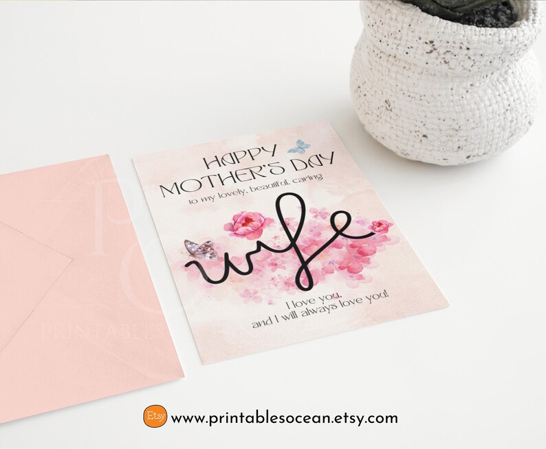 Mother's Day Card for Wife Printable, Happy Mothers Day Floral Card for ...