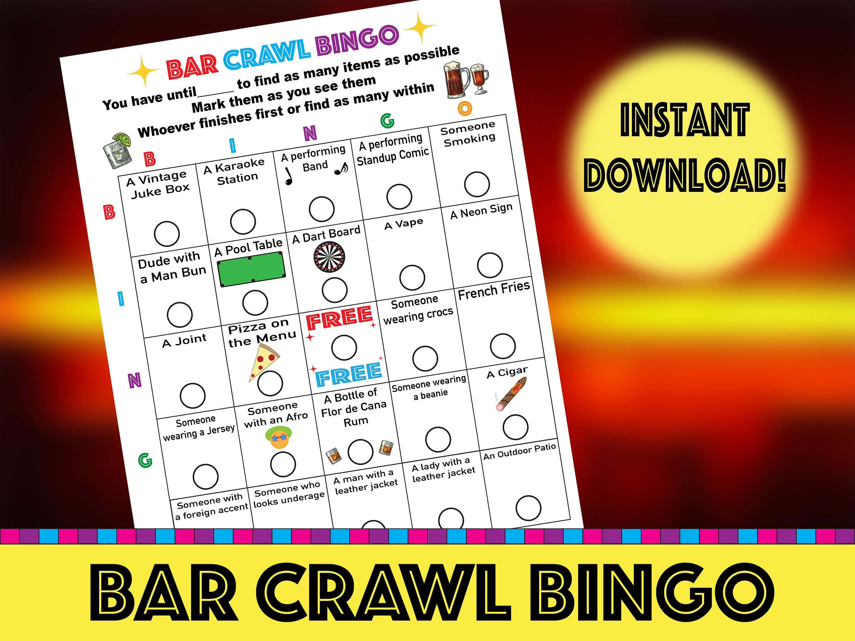 Bar Crawl Bingo Bar Crawl Bingo Game Adult Bingo Game Bachelor Party