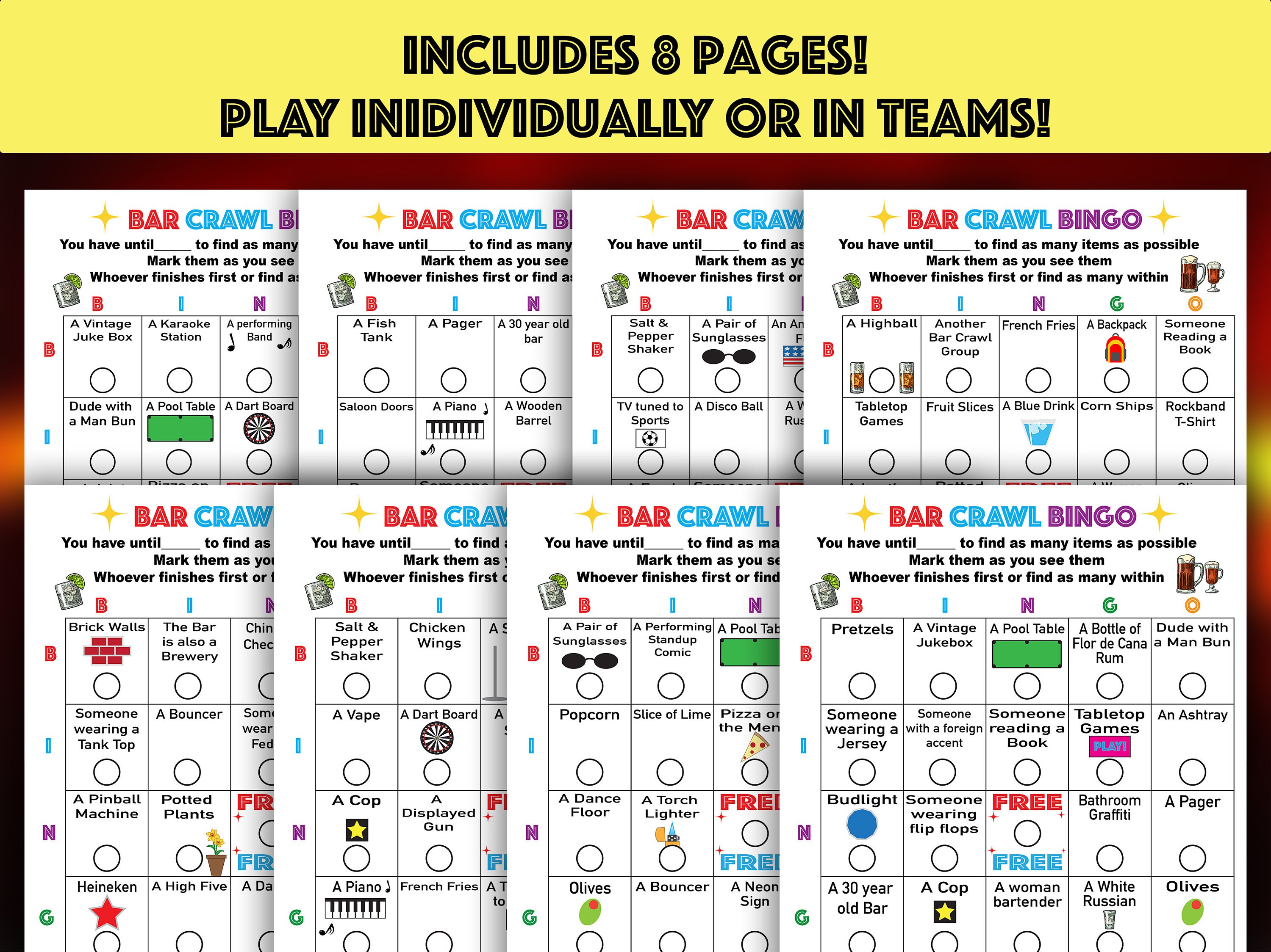 Bar Crawl Bingo Bar Crawl Bingo Game Adult Bingo Game Bachelor Party