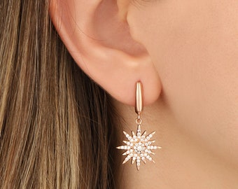 CZ North Star Hoop Earrings in 925K Silver - Minimalist Starburst Dangle Earrings for Women - Dainty Celestial Jewelry Gift for Her