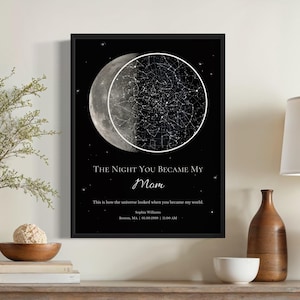 Impression personnalisée des phases de la lune | Carte des étoiles personnalisée | La nuit où vous êtes devenue ma mère | Cadeau personnalisé pour la fête des mères | Impression de nuit étoilée | Cadeau unique pour maman