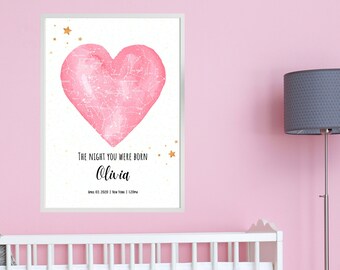 Spersonalizowany wydruk mapy gwiazd: dekoracja pokoju dziecięcego dla dziewczynki, prezent dla świeżo upieczonych rodziców