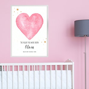 Le jour de votre naissance, cadeau bébé fille personnalisé, oeuvre d'art déco pour chambre de bébé nouveau-né, carte des étoiles personnalisée par date, tableau des statistiques de naissance, cadeau pour nouveau parent
