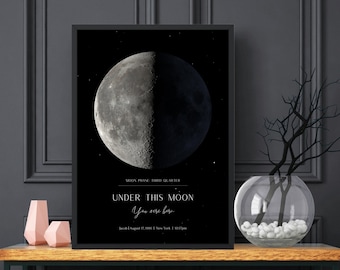Impresión personalizada de fases lunares: regalo de cumpleaños con mapa estelar personalizado