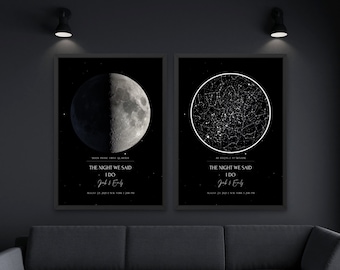 Zestaw do druku spersonalizowanej mapy gwiazd i faz księżyca: Spersonalizowana grafika nocnego nieba