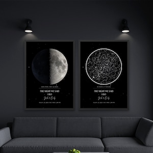Set di 2 stampe, La notte in cui ci siamo incontrati, Cielo notturno per data, Mappa stellare personalizzata, Stampa delle fasi lunari, Il giorno in cui ci siamo incontrati, Mappa lunare personalizzata, Dove tutto ebbe inizio
