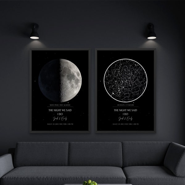 Set Of 2 Prints, The Night We Met, Night Sky By Date, Custom Star Map, Moon Phase Print, The Day We Met, Custom Moon Map, Where It All Began