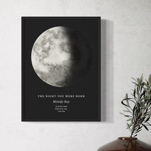 Impression personnalisée des phases de la lune, Impression encadrée de ciel nocturne, Ciel nocturne par date, Cadeau d'anniversaire personnalisé, Le jour de votre naissance, La nuit de votre naissance