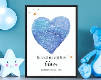 The Day You Were Born, Constellation Star Map For Boys, Custom Star Map, Birth Stats Chart, New Parent Gift, Nursery Wall Art, Nursery Decor