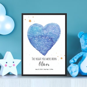 El día que naciste, mapa estelar de constelaciones para niños, mapa estelar personalizado, tabla de estadísticas de nacimiento, regalo para nuevos padres, arte mural para habitación infantil, decoración infantil