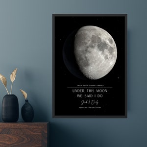 Impressão personalizada de fases da lua, impressão do céu noturno, céu noturno por data, presente de 1º aniversário, a noite em que nos conhecemos, mapa estelar para presente de casamento, mapa estelar por data