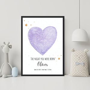 Carte du ciel étoilée le jour de votre naissance, Carte du ciel personnalisée pour bébé, Cadeaux personnalisés pour bébé, Art mural pour chambre d'enfant, Statistiques de naissance